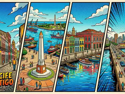 Pop-Art-Comicillustration des Wahrzeichens Alter Hafen Recife in Recife Brasilien, kraeftige Konturen Rasterpunkte und satte Farben - Foto: THN