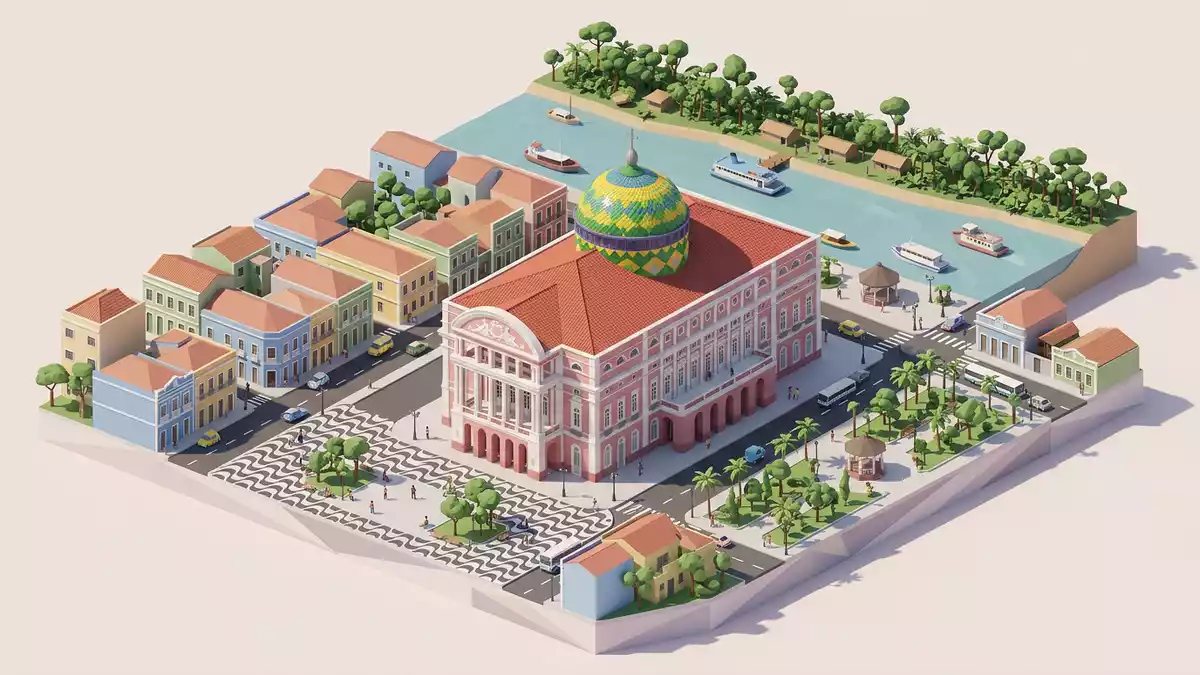 Isometrisches Diorama von Amazonas-Theater Manaus in Manaus, Brasilien in Pastell