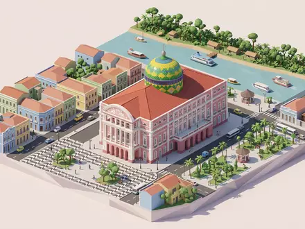 Isometrisches Diorama von Amazonas-Theater Manaus und Umgebung in Manaus Brasilien, verspielte Low-Poly-Kulisse in Pastellfarben - Foto: THN
