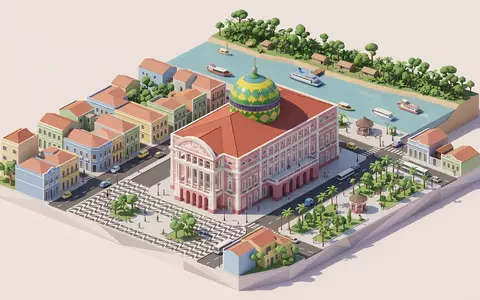 Isometrisches Diorama von Amazonas-Theater Manaus und Umgebung in Manaus Brasilien, verspielte Low-Poly-Kulisse in Pastellfarben - Foto: THN