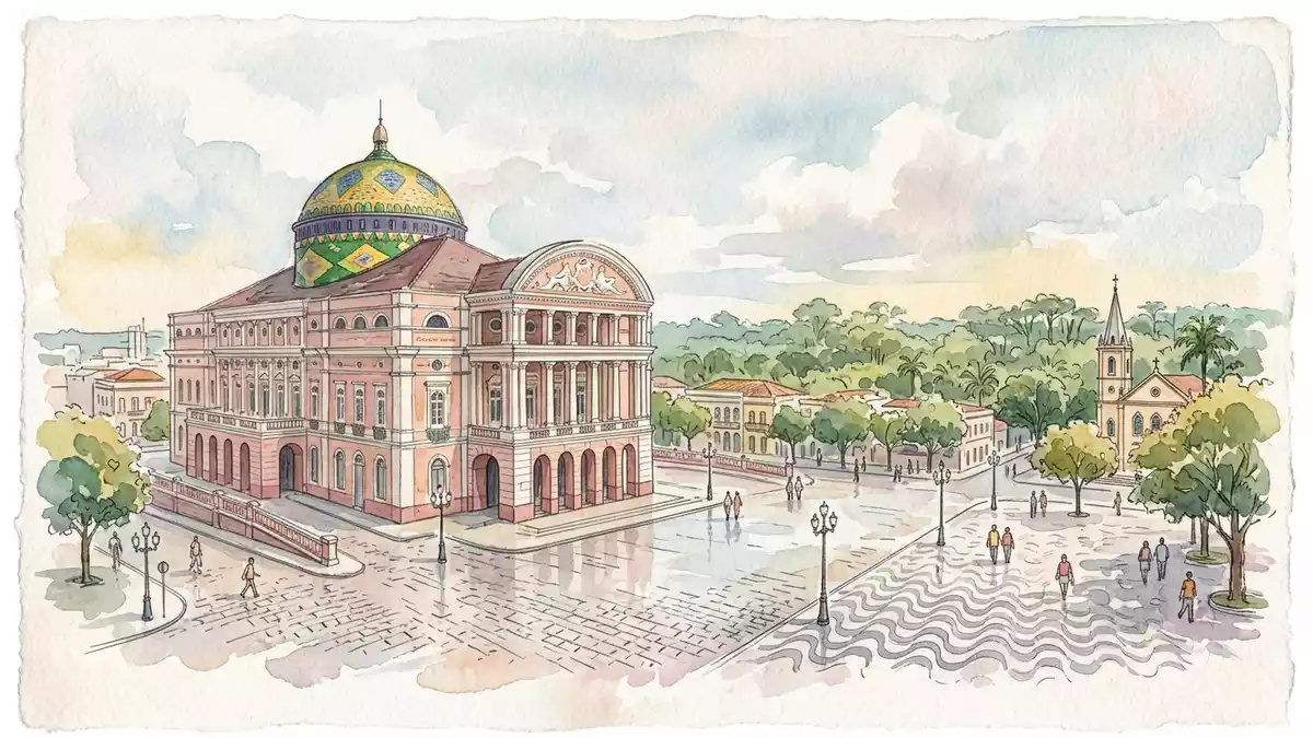 Aquarell-Illustration von Amazonas-Theater Manaus in Manaus, Brasilien als Reiseposter