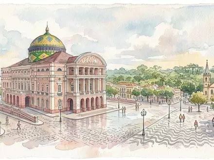 Aquarellillustration des Wahrzeichens Amazonas-Theater Manaus in Manaus Brasilien, weiche Farbverläufe und pastelliges Reiseposter-Feeling - Foto: THN