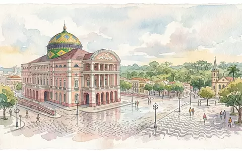 Aquarellillustration des Wahrzeichens Amazonas-Theater Manaus in Manaus Brasilien, weiche Farbverläufe und pastelliges Reiseposter-Feeling - Foto: THN