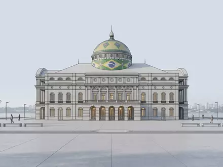 Moderner Architektur-Render zeigt Silhouette von Amazonas-Theater Manaus in Manaus Brasilien, klare Linien und neutrales Tageslicht - Foto: THN