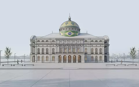 Moderner Architektur-Render zeigt Silhouette von Amazonas-Theater Manaus in Manaus Brasilien, klare Linien und neutrales Tageslicht - Foto: THN