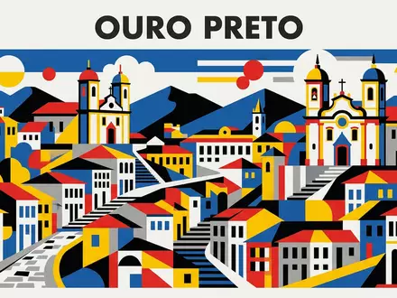 Bauhaus-Poster als geometrische Abstraktion von Historisches Zentrum Ouro Preto in Ouro Preto Brasilien, kraeftige Grundfarben - Foto: THN