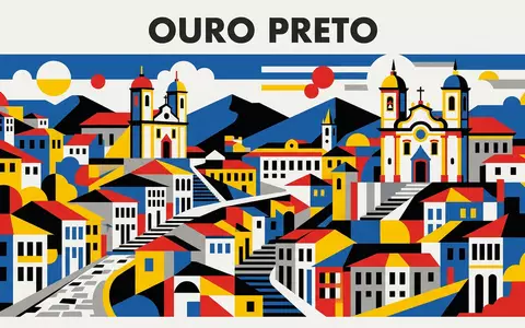 Bauhaus-Poster als geometrische Abstraktion von Historisches Zentrum Ouro Preto in Ouro Preto Brasilien, kraeftige Grundfarben - Foto: THN
