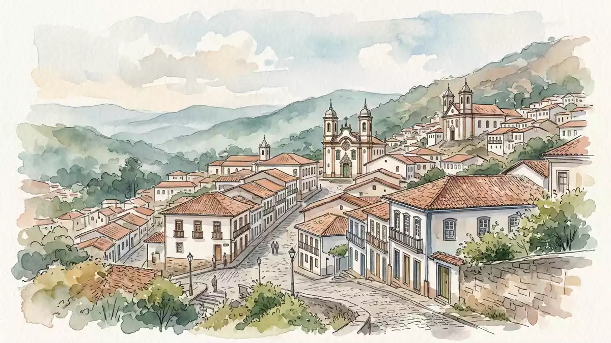 Aquarell-Illustration von Historisches Zentrum Ouro Preto in Ouro Preto, Brasilien als Reise…