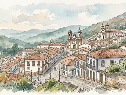 Aquarellillustration des Wahrzeichens Historisches Zentrum Ouro Preto in Ouro Preto Brasilien, weiche Farbverläufe und pastelliges - Foto: THN