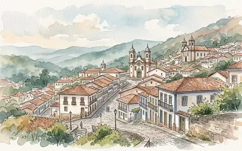 Aquarellillustration des Wahrzeichens Historisches Zentrum Ouro Preto in Ouro Preto Brasilien, weiche Farbverläufe und pastelliges - Foto: THN