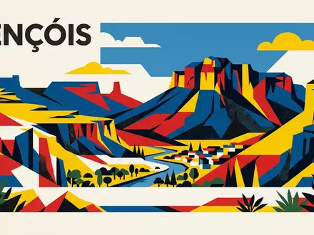 Bauhaus-Poster als geometrische Abstraktion von Chapada Diamantina in Lencois Brasilien, kraeftige Grundfarben und harte Formkanten - Foto: THN