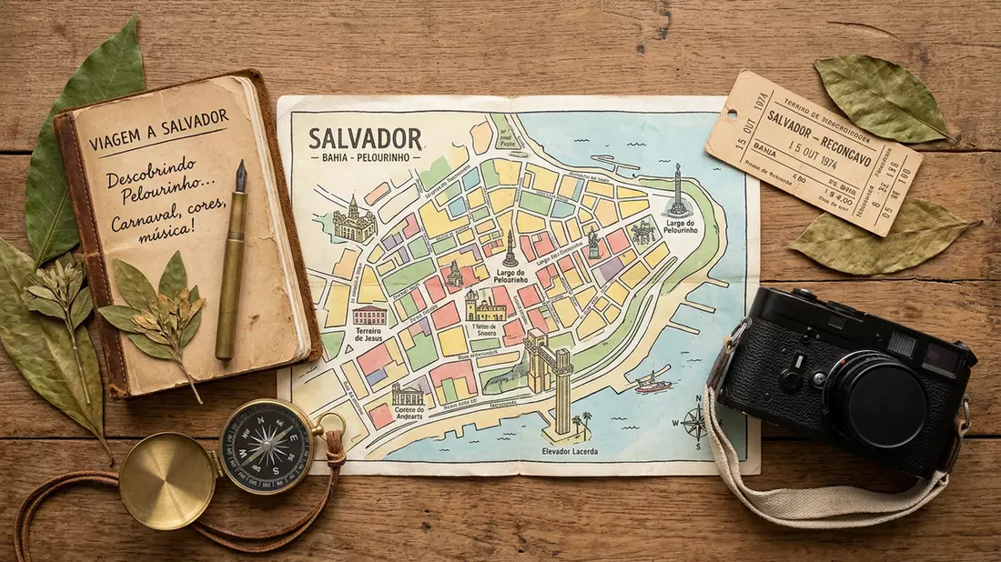Flatlay-Reise-Arrangement rund um Pelourinho Salvador in Salvador, Brasilien