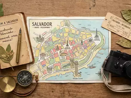 Flatlay-Reise-Arrangement rund um Pelourinho Salvador in Salvador Brasilien, Karte Kompass Kamera und generische Reiserequisiten - Foto: THN