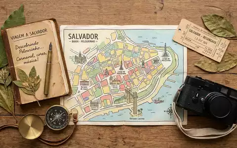 Flatlay-Reise-Arrangement rund um Pelourinho Salvador in Salvador Brasilien, Karte Kompass Kamera und generische Reiserequisiten - Foto: THN