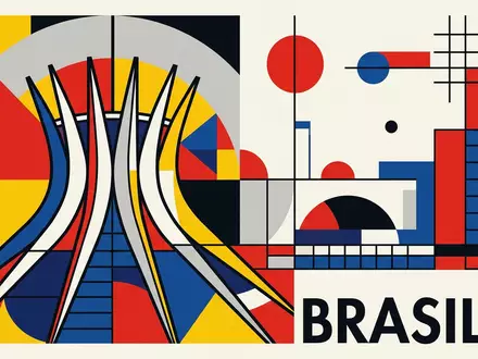 Bauhaus-Poster als geometrische Abstraktion von Brasilia Kathedrale in Brasilia Brasilien, kraeftige Grundfarben und harte Formkanten - Foto: THN