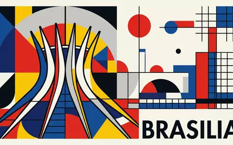 Bauhaus-Poster als geometrische Abstraktion von Brasilia Kathedrale in Brasilia Brasilien, kraeftige Grundfarben und harte Formkanten - Foto: THN