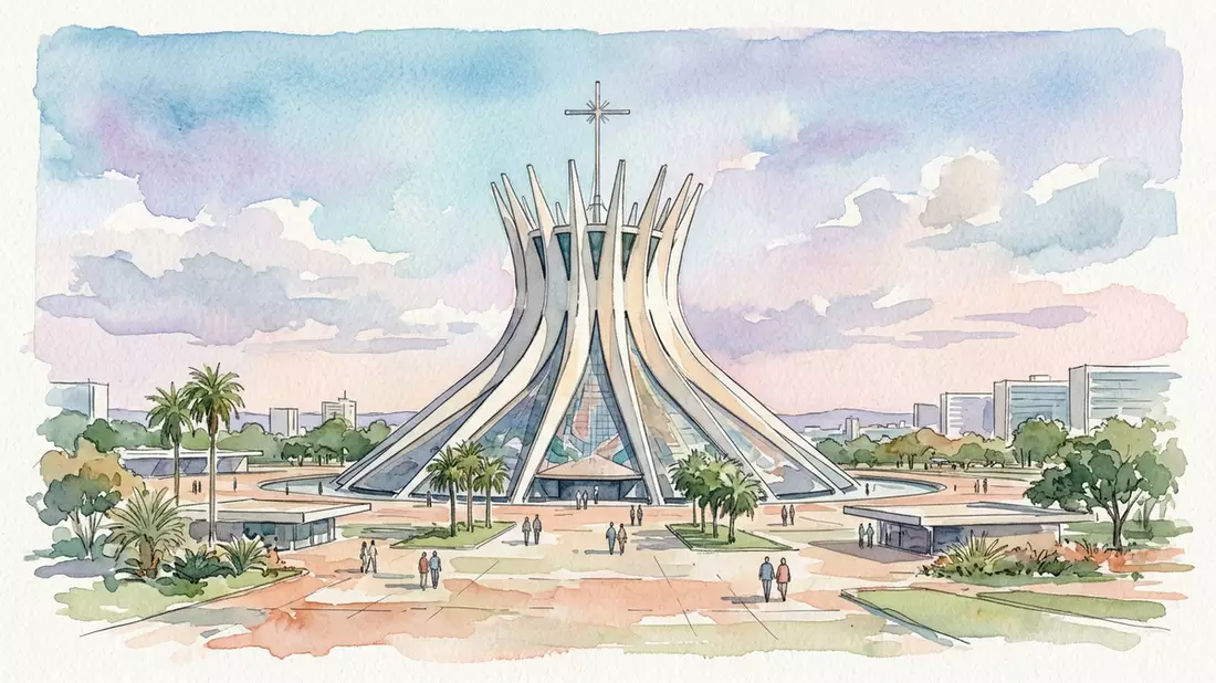 Aquarell-Illustration von Brasilia Kathedrale in Brasilia, Brasilien als Reiseposter