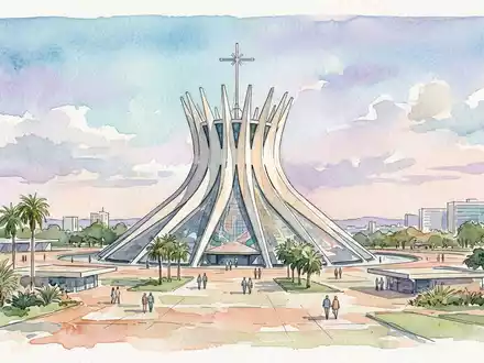 Aquarellillustration des Wahrzeichens Brasilia Kathedrale in Brasilia Brasilien, weiche Farbverläufe und pastelliges Reiseposter-Feeling - Foto: THN