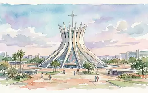 Aquarellillustration des Wahrzeichens Brasilia Kathedrale in Brasilia Brasilien, weiche Farbverläufe und pastelliges Reiseposter-Feeling - Foto: THN