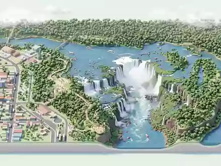 Isometrisches Diorama von Iguazu-Falle Brasilien und Umgebung in Foz do Iguacu Brasilien, verspielte Low-Poly-Kulisse in - Foto: THN