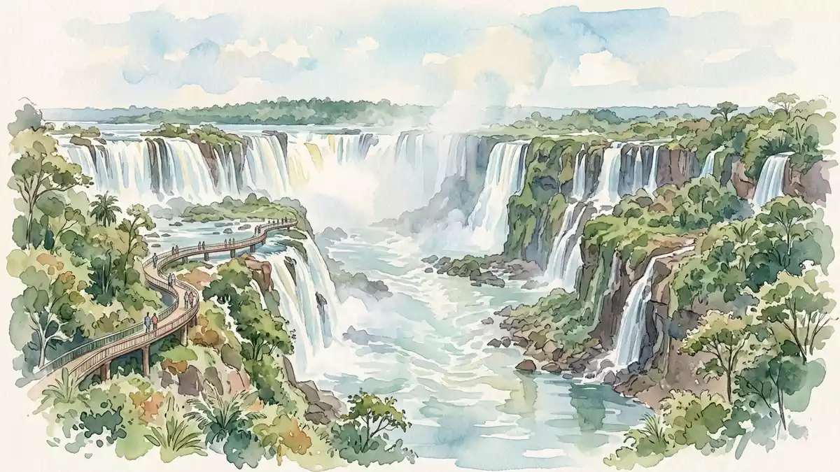 Aquarell-Illustration von Iguazu-Falle Brasilien in Foz do Iguacu, Brasilien als Reiseposter