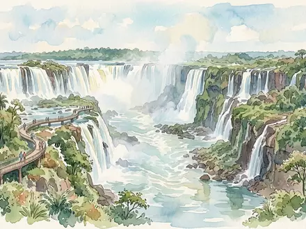 Aquarellillustration des Wahrzeichens Iguazu-Falle Brasilien in Foz do Iguacu Brasilien, weiche Farbverläufe und pastelliges Reiseposter-Feeling - Foto: THN