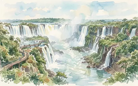 Aquarellillustration des Wahrzeichens Iguazu-Falle Brasilien in Foz do Iguacu Brasilien, weiche Farbverläufe und pastelliges Reiseposter-Feeling - Foto: THN