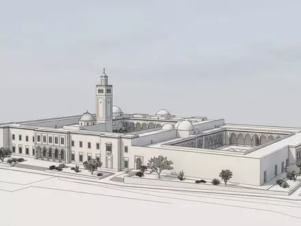 Moderner Architektur-Render zeigt Silhouette von Bardo-Museum in Tunis Tunesien, klare Linien und neutrales Tageslicht - Foto: THN