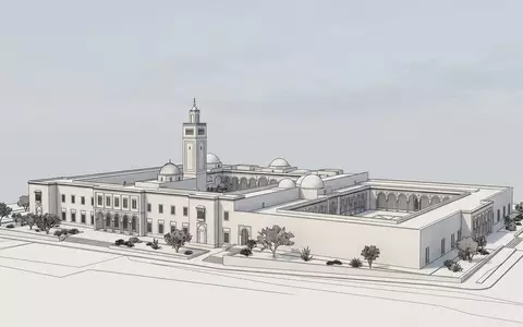 Moderner Architektur-Render zeigt Silhouette von Bardo-Museum in Tunis Tunesien, klare Linien und neutrales Tageslicht - Foto: THN