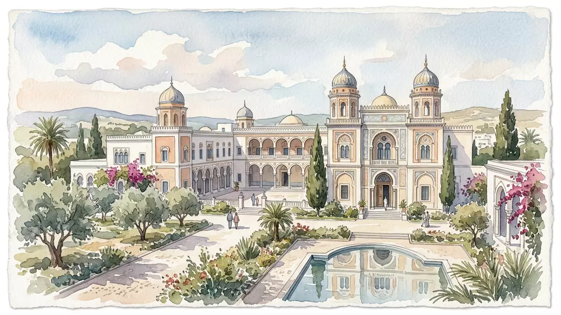 Aquarell-Illustration von Bardo-Museum in Tunis, Tunesien als Reiseposter