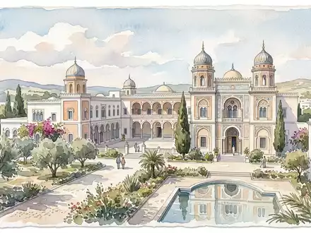 Aquarellillustration des Wahrzeichens Bardo-Museum in Tunis Tunesien, weiche Farbverläufe und pastelliges Reiseposter-Feeling - Foto: THN