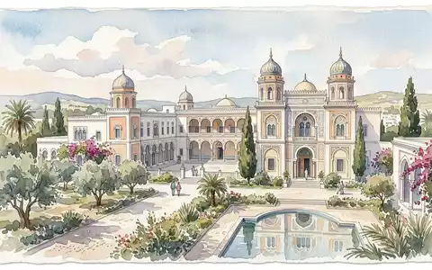 Aquarellillustration des Wahrzeichens Bardo-Museum in Tunis Tunesien, weiche Farbverläufe und pastelliges Reiseposter-Feeling - Foto: THN