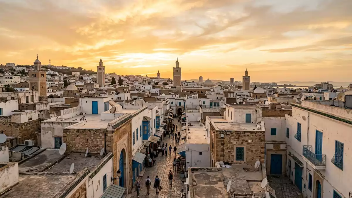 Fotorealistische Ansicht von Medina von Tunis in Tunis, Tunesien im Abendlicht