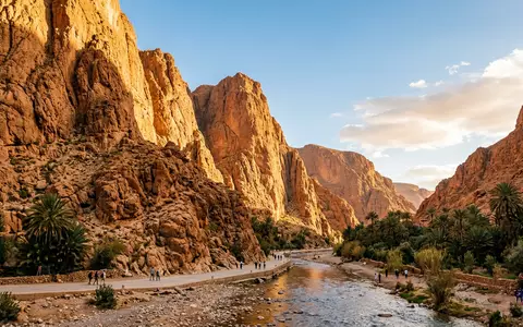 Fotorealistische Panoramaaufnahme von Todra-Schlucht in Tinghir Marokko, warmes Abendlicht auf Wahrzeichen im Reisemotiv - Foto: THN