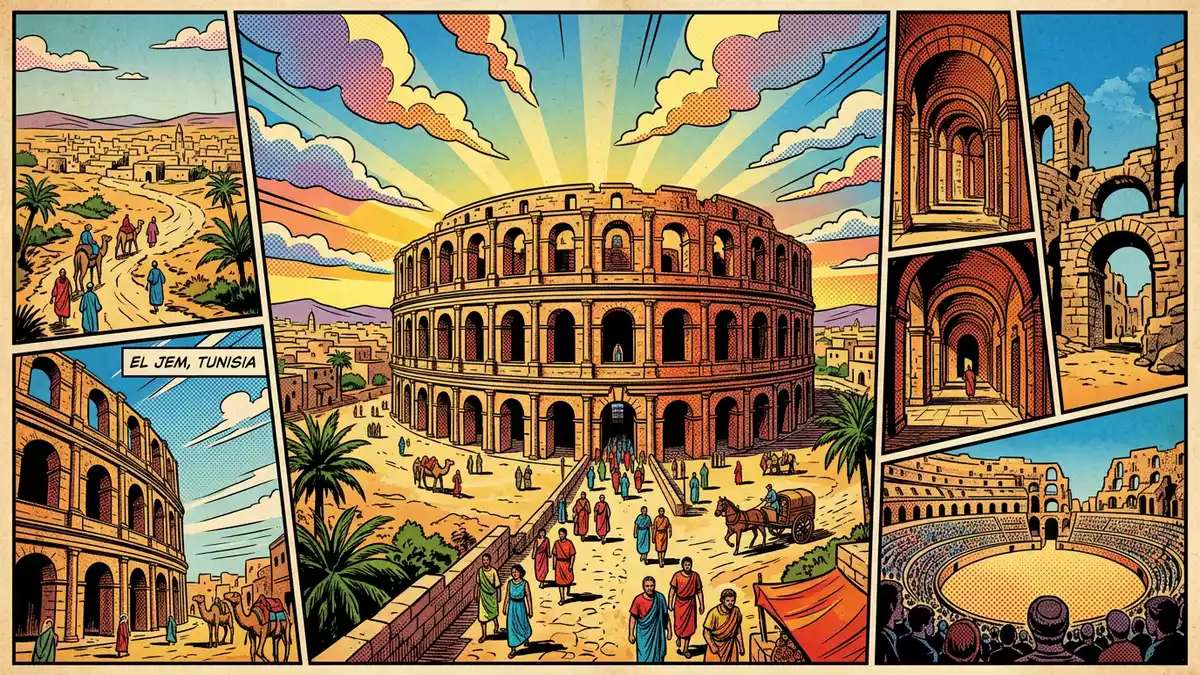 Pop-Art-Comic von Amphitheater El Jem in El Jem, Tunesien mit Rasterpunkten