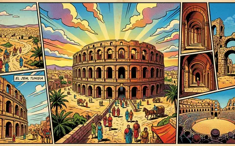 Pop-Art-Comicillustration des Wahrzeichens Amphitheater El Jem in El Jem Tunesien, kraeftige Konturen Rasterpunkte und satte - Foto: THN