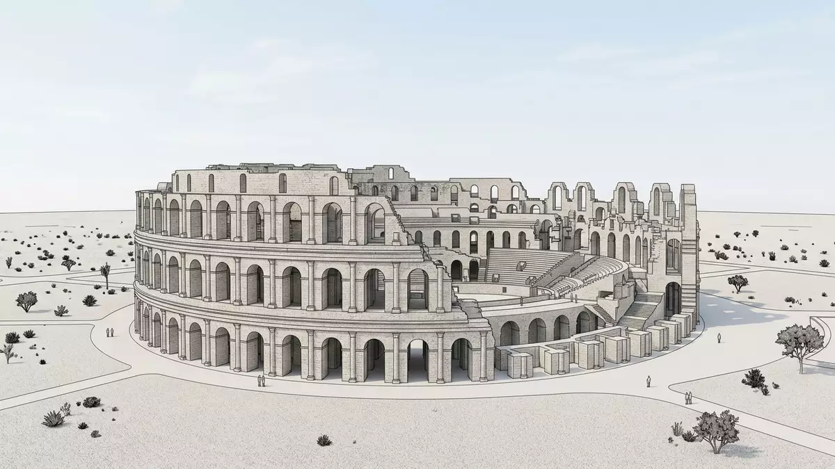 Architektur-Render von Amphitheater El Jem in El Jem, Tunesien bei Tageslicht
