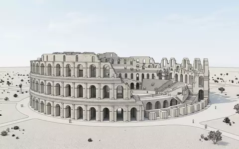 Moderner Architektur-Render zeigt Silhouette von Amphitheater El Jem in El Jem Tunesien, klare Linien und - Foto: THN