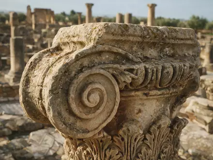 Extreme Makroaufnahme eines Materialdetails am Wahrzeichen Volubilis in Meknes Marokko, taktile Struktur und weiches Seitenlicht - Foto: THN