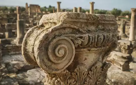 Extreme Makroaufnahme eines Materialdetails am Wahrzeichen Volubilis in Meknes Marokko, taktile Struktur und weiches Seitenlicht - Foto: THN