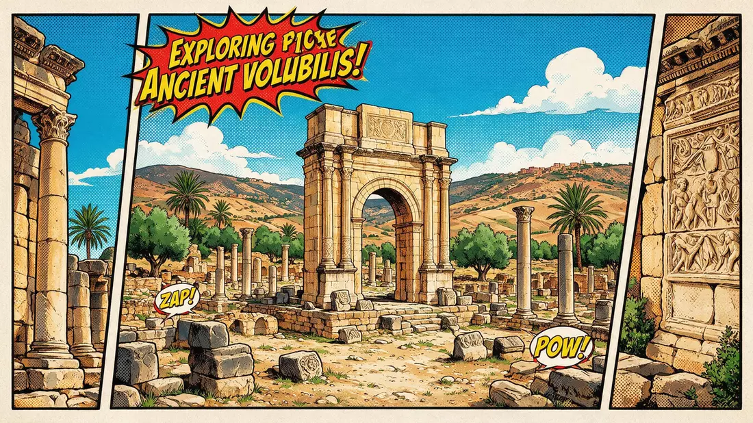 Pop-Art-Comic von Volubilis in Meknes, Marokko mit Rasterpunkten