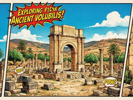 Pop-Art-Comicillustration des Wahrzeichens Volubilis in Meknes Marokko, kraeftige Konturen Rasterpunkte und satte Farben - Foto: THN