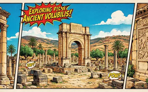 Pop-Art-Comicillustration des Wahrzeichens Volubilis in Meknes Marokko, kraeftige Konturen Rasterpunkte und satte Farben - Foto: THN