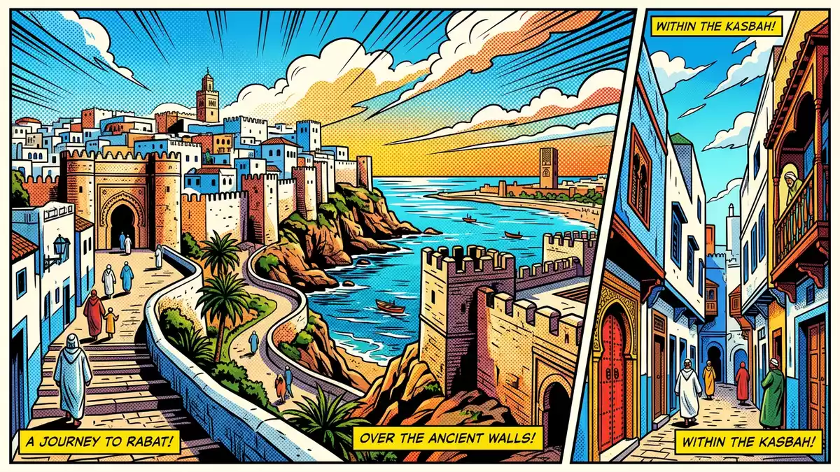 Pop-Art-Comic von Kasbah des Oudaias in Rabat, Marokko mit Rasterpunkten