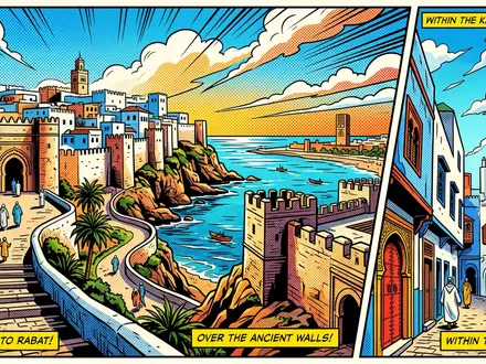 Pop-Art-Comicillustration des Wahrzeichens Kasbah des Oudaias in Rabat Marokko, kraeftige Konturen Rasterpunkte und satte Farben - Foto: THN