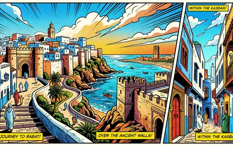 Pop-Art-Comicillustration des Wahrzeichens Kasbah des Oudaias in Rabat Marokko, kraeftige Konturen Rasterpunkte und satte Farben - Foto: THN
