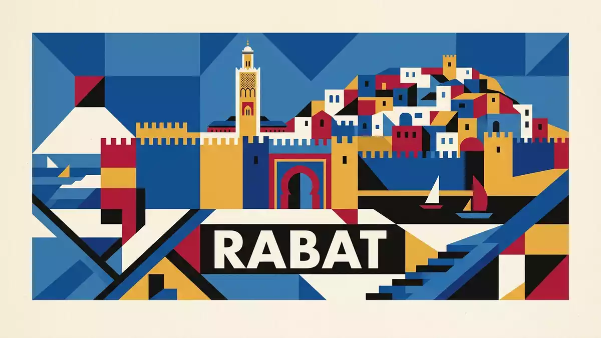 Bauhaus-Poster als Abstraktion von Kasbah des Oudaias in Rabat, Marokko