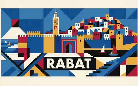 Bauhaus-Poster als geometrische Abstraktion von Kasbah des Oudaias in Rabat Marokko, kraeftige Grundfarben und harte - Foto: THN