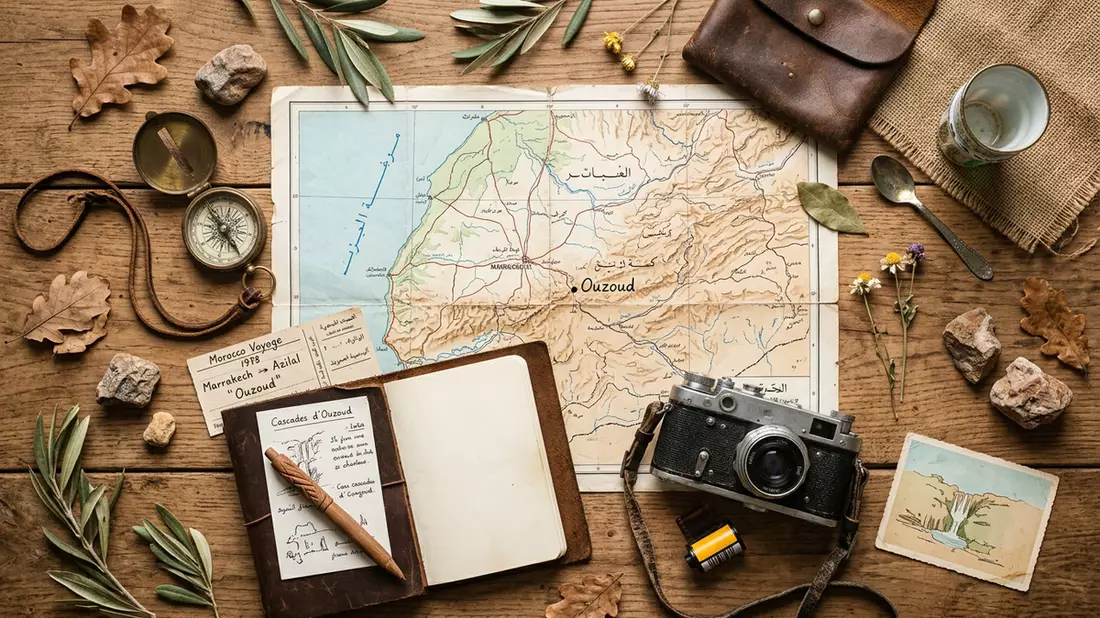 Flatlay-Reise-Arrangement rund um Ouzoud-Wasserfalle in Ouzoud, Marokko