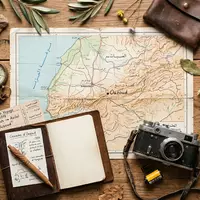 Flatlay-Reise-Arrangement rund um Ouzoud-Wasserfalle in Ouzoud Marokko, Karte Kompass Kamera und generische Reiserequisiten - Foto: THN